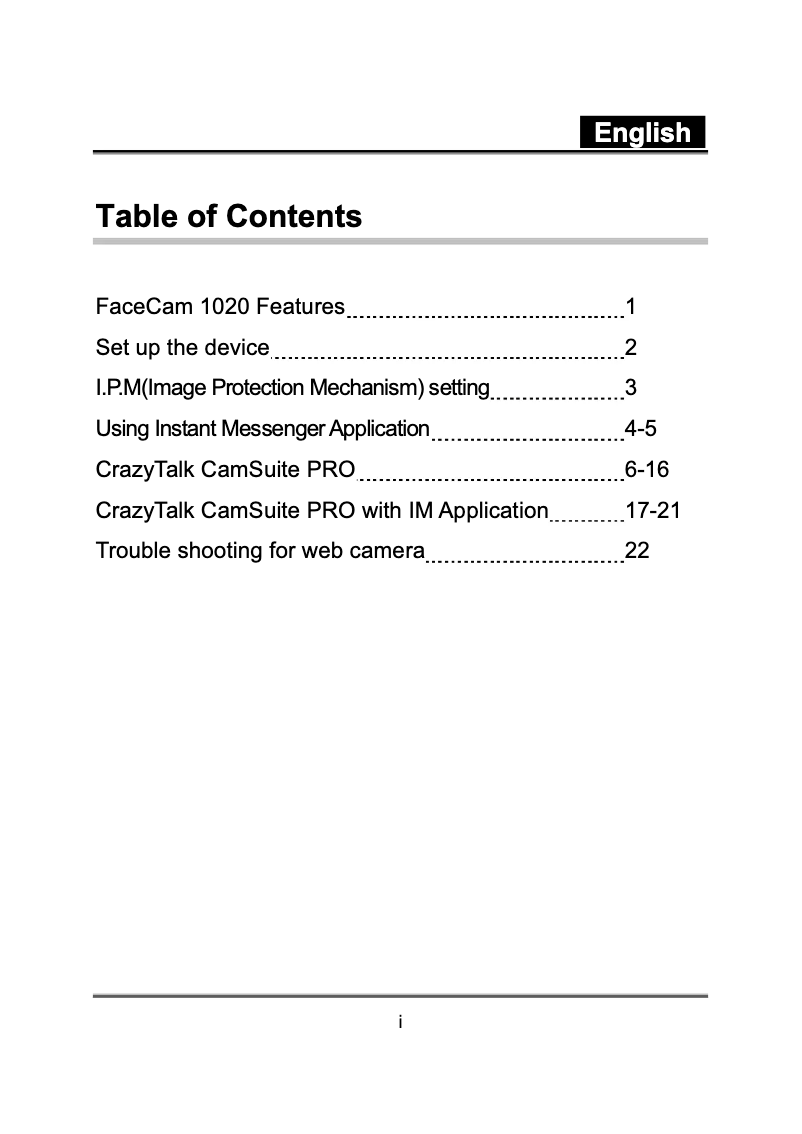 Image de la première page du manuel de l'appareil FaceCam 1020