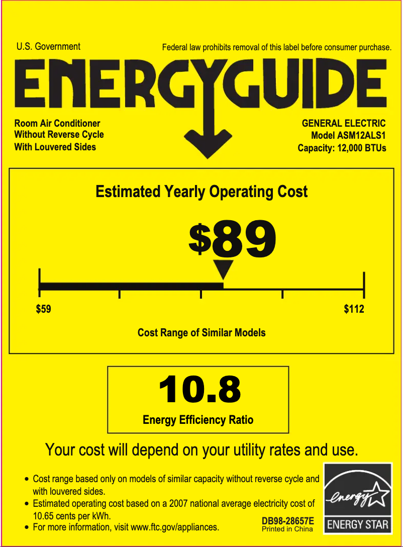 Page 1 de la notice Label énergétique GE ASM12AL