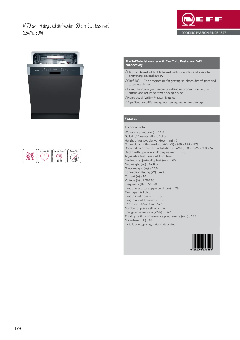 Page 1 de la notice Fiche technique Neff S247HDS01A