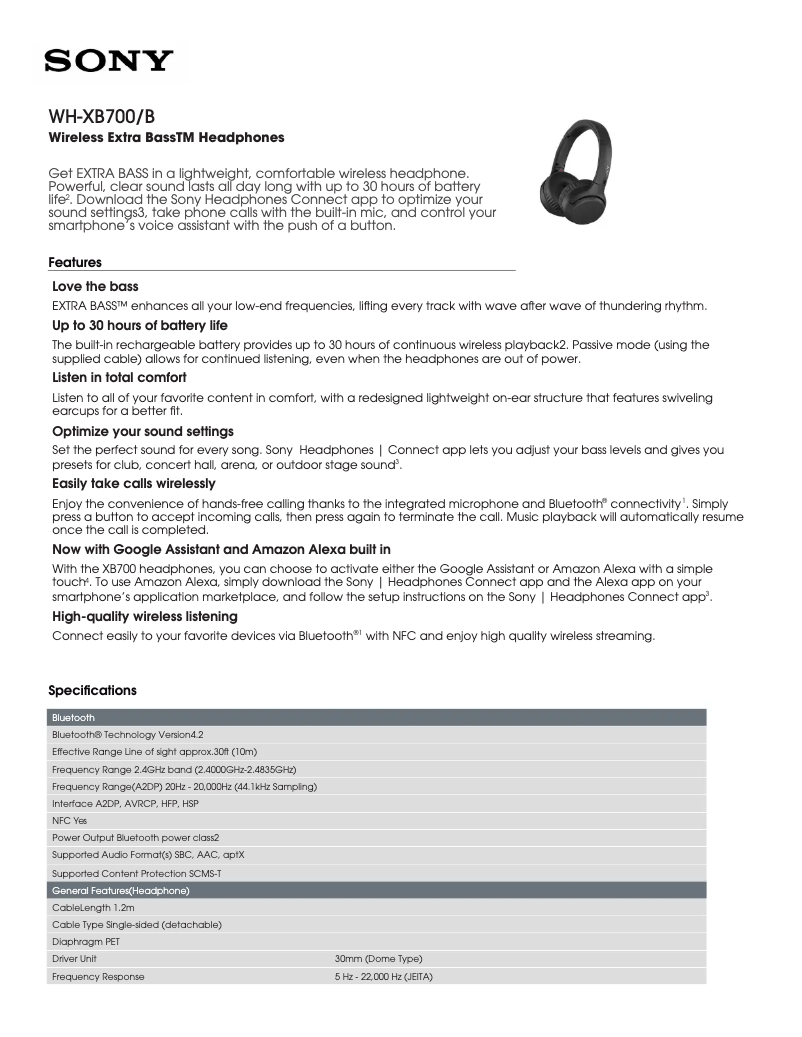 Page 1 de la notice Fiche technique Sony WH-XB700