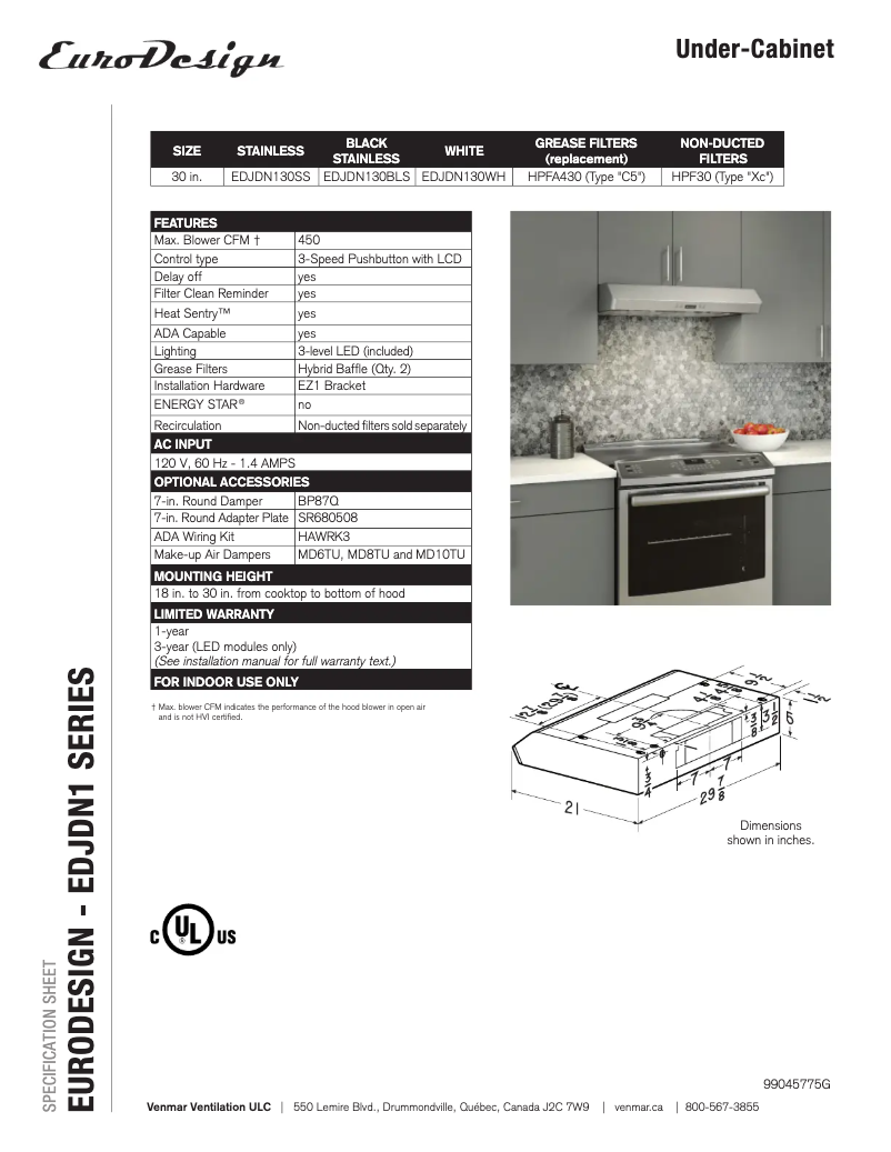 Page 1 de la notice Fiche technique Venmar EDJDN130SS