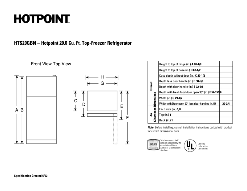 Page 1 de la notice Fiche technique Hotpoint HTS20GBNWW