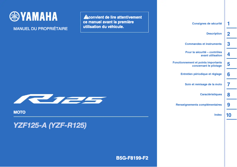 Page 1 de la notice Manuel utilisateur Yamaha YZF-R125 (2021)