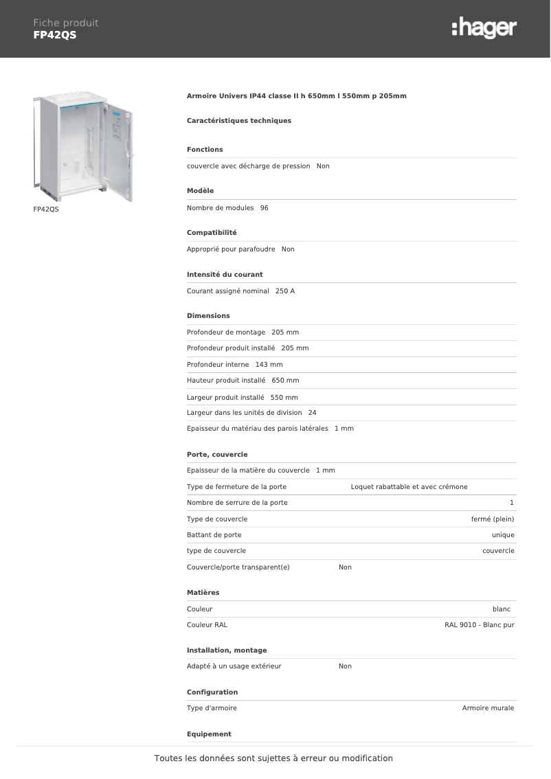 Page n°1 - Fiche technique Hager FP42QS