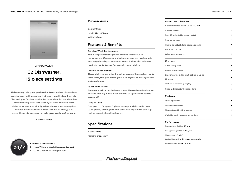 Page 1 de la notice Fiche technique Fisher & Paykel DW60FC2X1