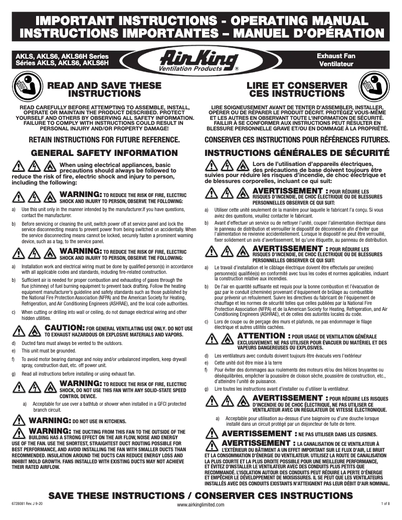 Page n°1 - Instructions / montage Air King AK110LS6