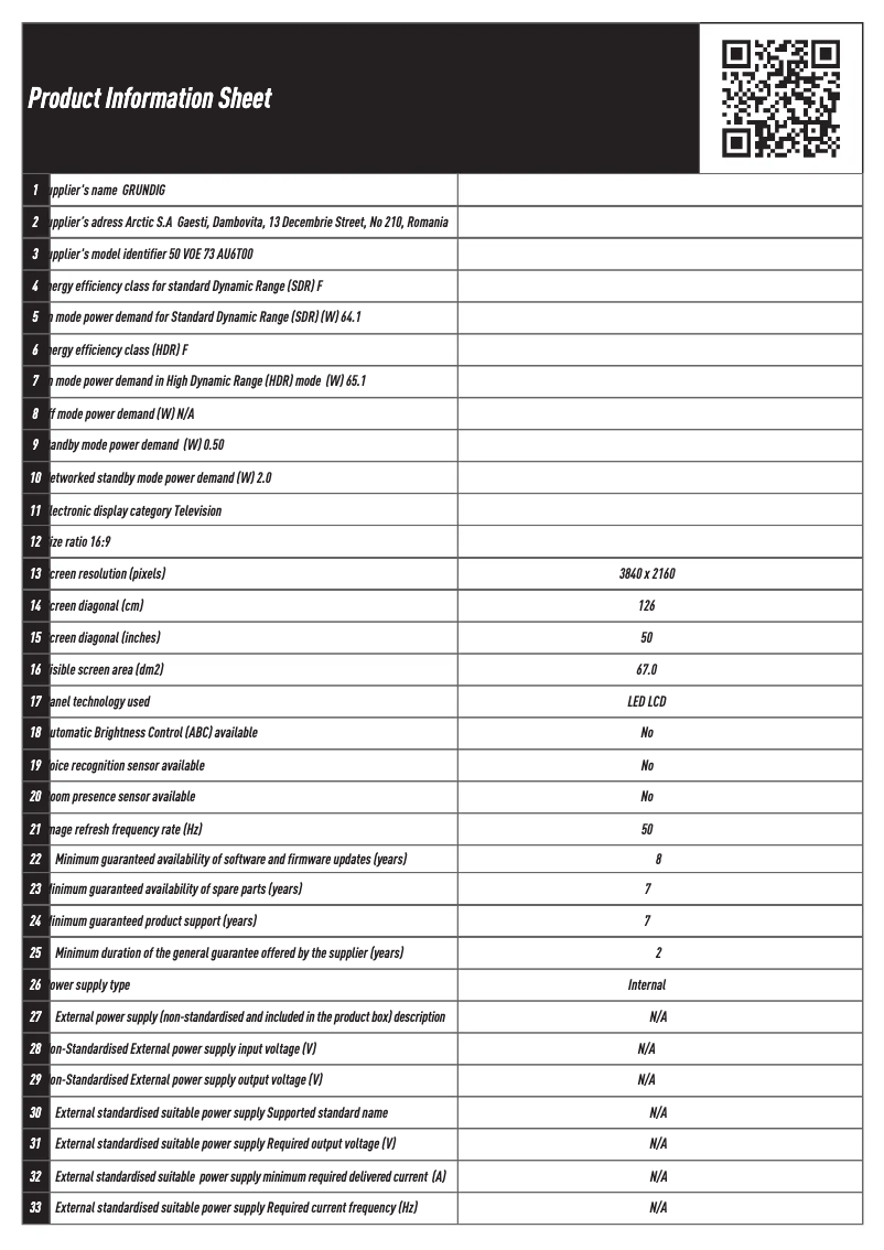 Page 1 de la notice Fiche technique Grundig 50 VOE 73