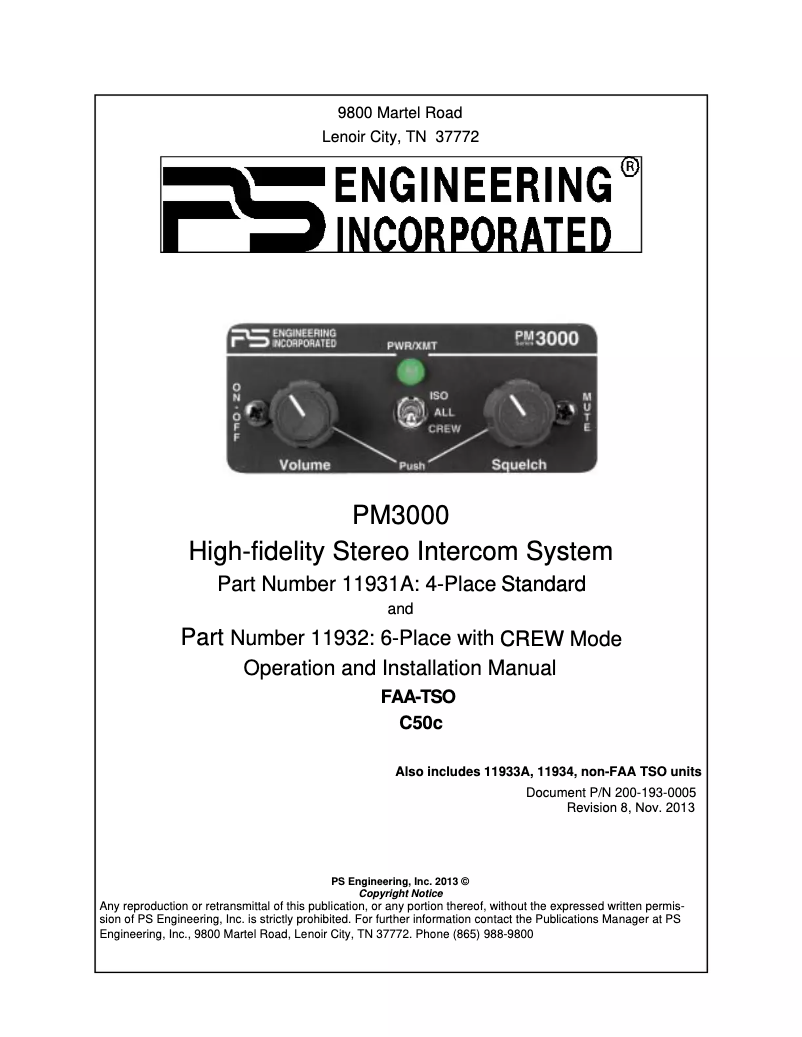 Page n°1 - Manuel utilisateur PS Engineering PM3000