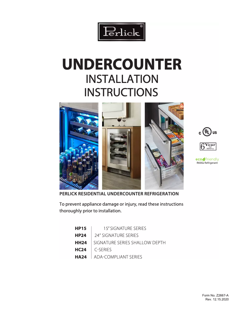 Page n°1 - Guide d'installation Perlick HC24RB-3-5