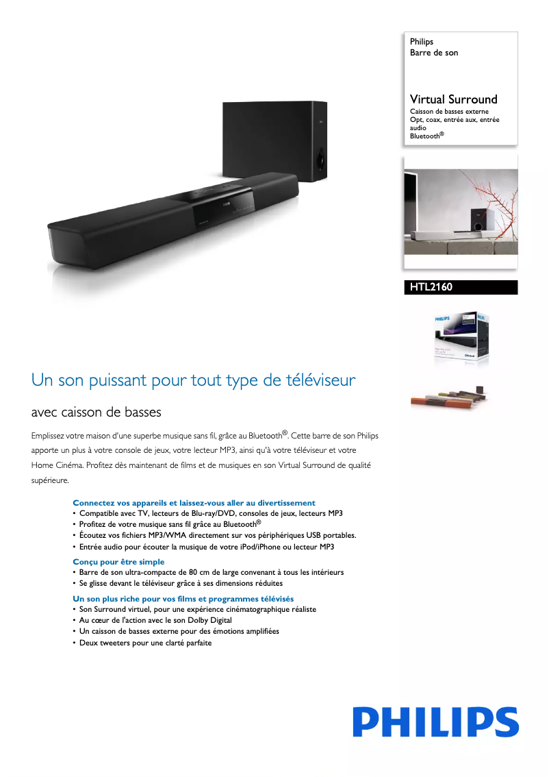 Page 1 de la notice Fiche technique Philips HTL2160