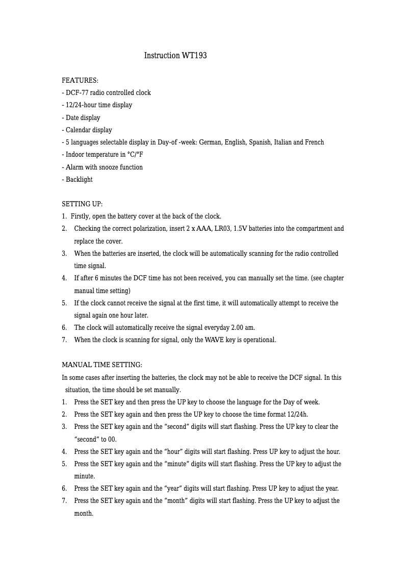 Page n°1 - Manuel utilisateur Techno Line WT 193