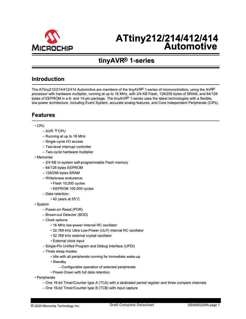 Page 1 de la notice Fiche technique Microchip ATTINY412