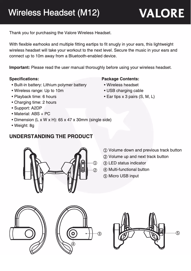Page 1 de la notice Manuel utilisateur Valore M12