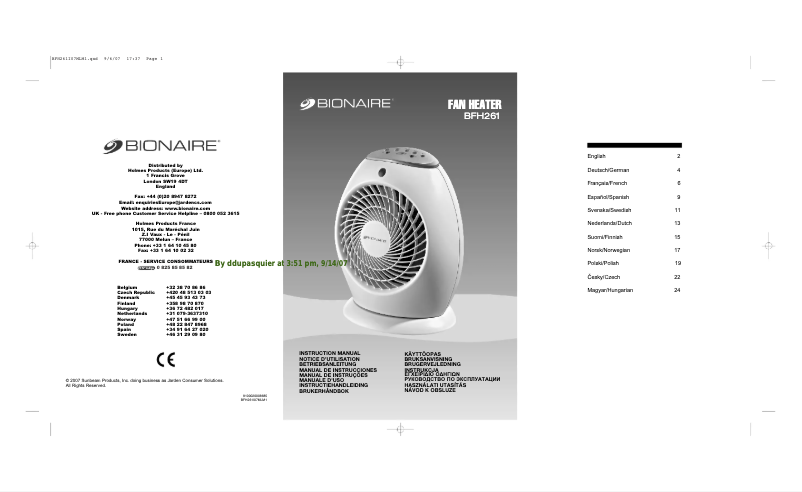 Page 1 de la notice Manuel utilisateur Bionaire BFH261-I
