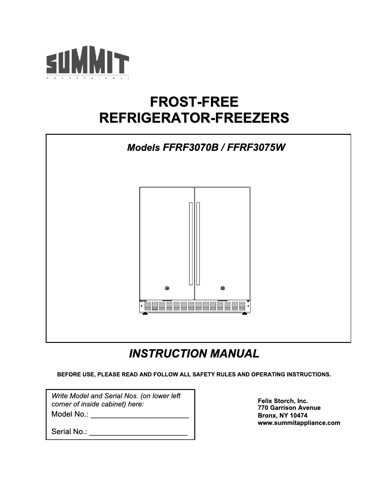 Page n°1 - Guide d'installation Summit FFRF3070