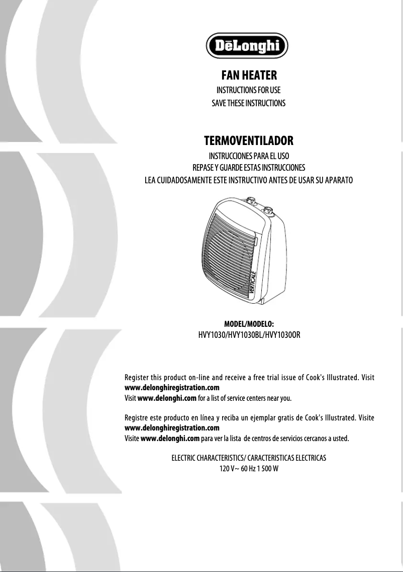 Page 1 de la notice Manuel utilisateur DeLonghi HVY1030BL