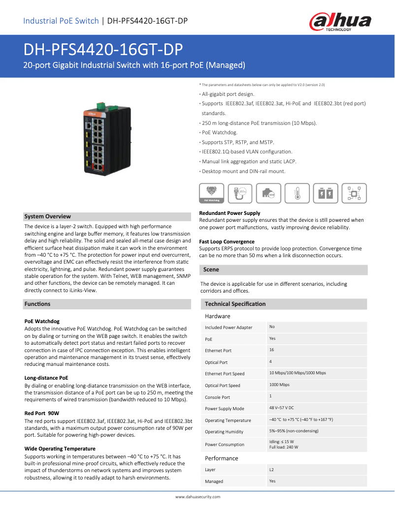 Page 1 de la notice Fiche technique Dahua Technology PFS4420-16GT-DP