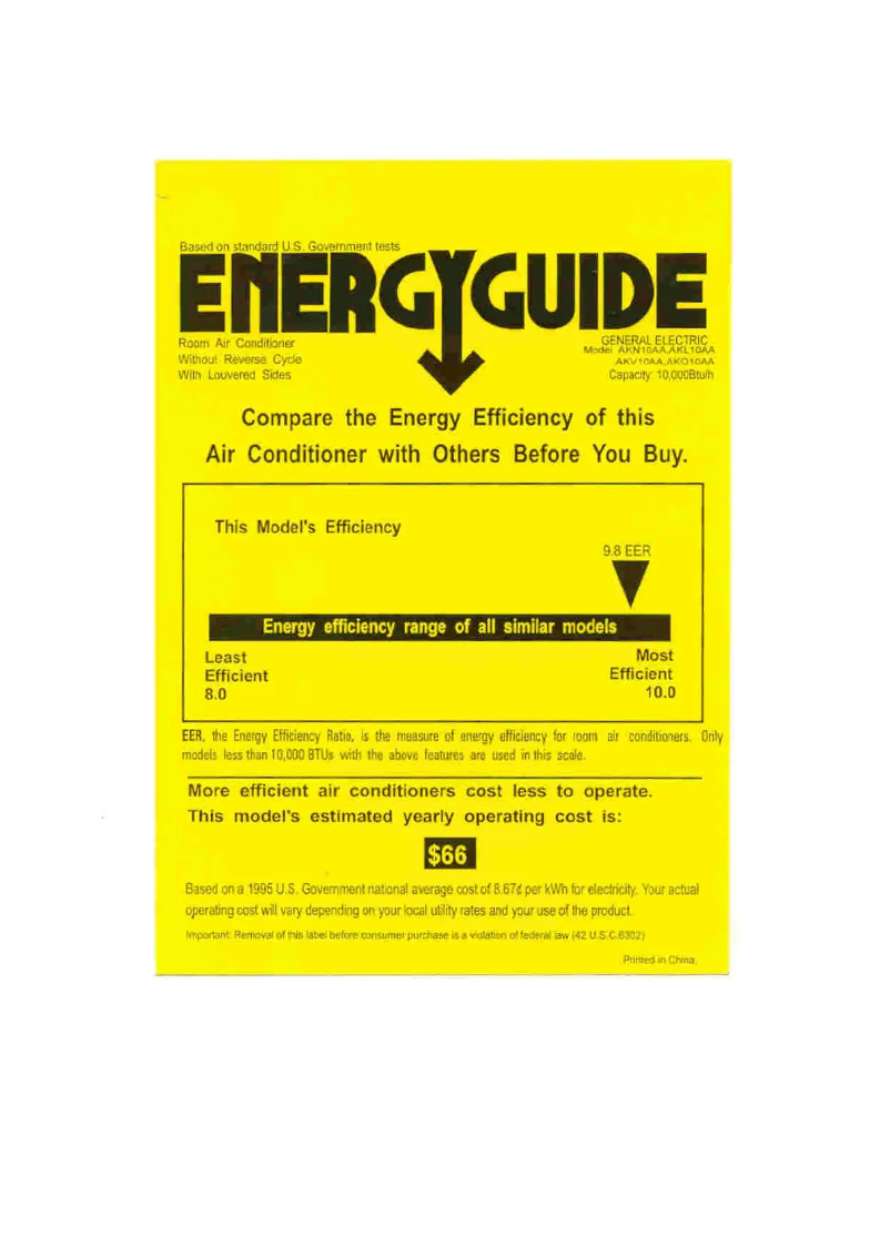 Page 1 de la notice Label énergétique GE AKV10AA