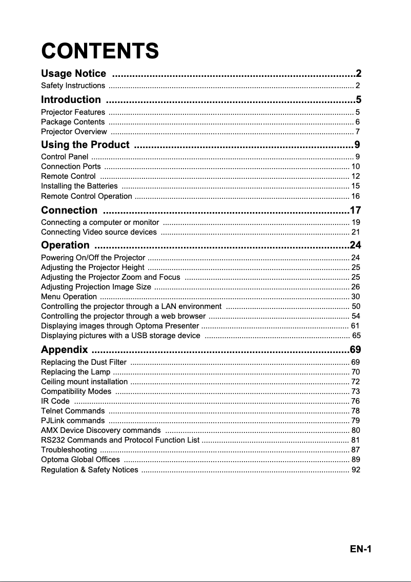 Page n°1 - Manuel utilisateur Optoma EH501
