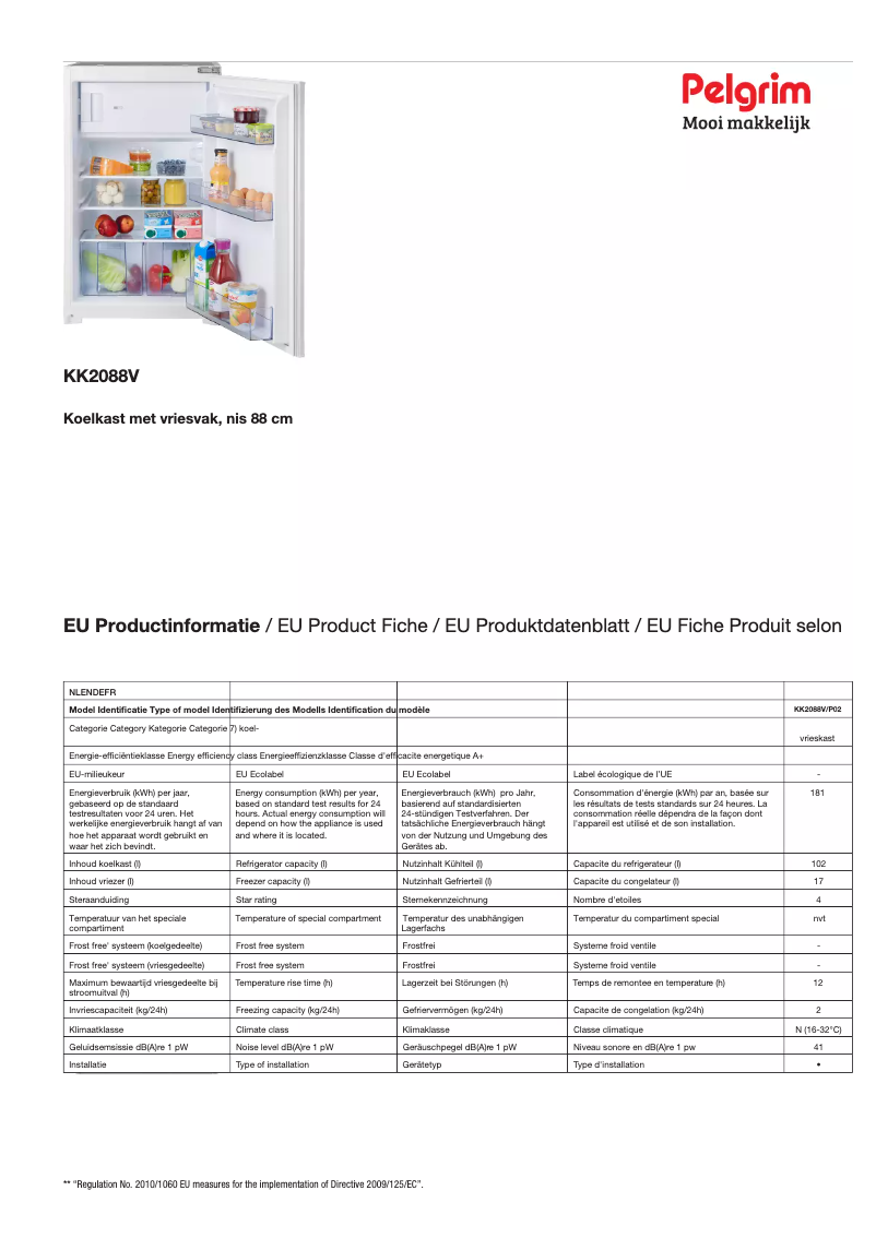 Page 1 de la notice Fiche technique Pelgrim KK2088V