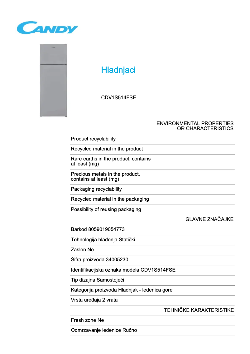 Page 1 de la notice Fiche technique Candy CDV1S514FSE