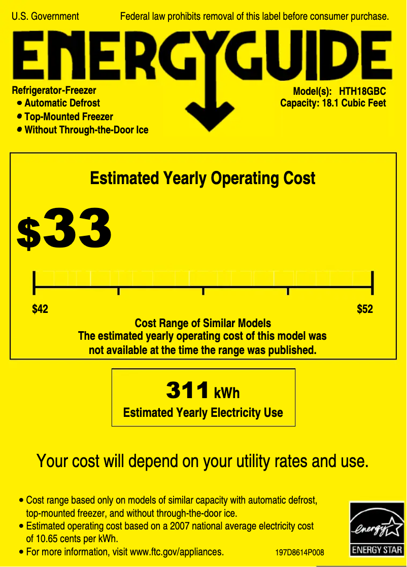 Page 1 de la notice Label énergétique Hotpoint HTH18GBCCC