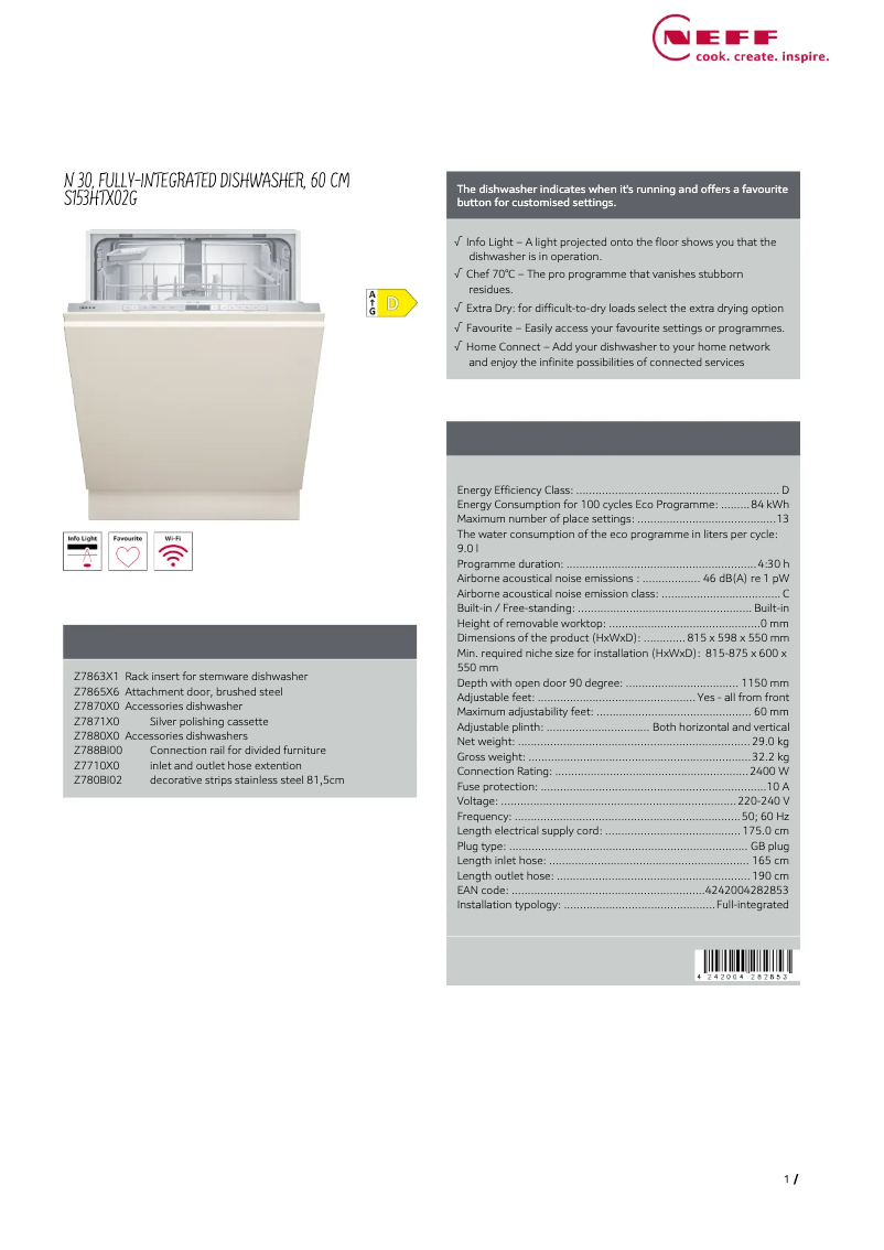 Page 1 de la notice Fiche technique Neff S153HTX02G