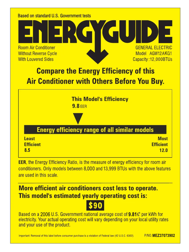Page 1 de la notice Label énergétique GE AGW12AK