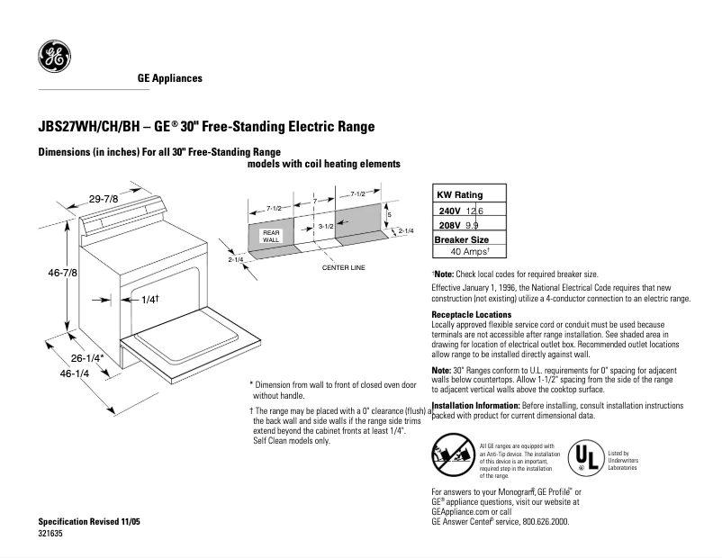 Page 1 of the manual Technical Sheet GE JBS27BHBB
