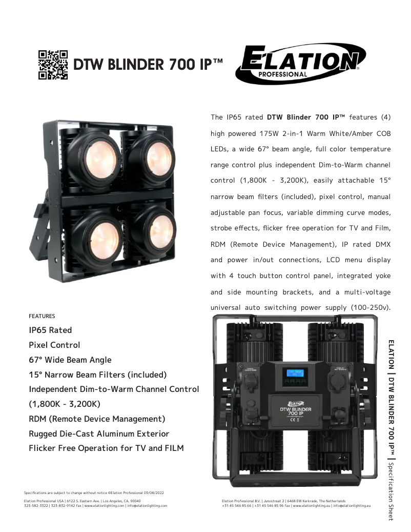 Page 1 de la notice Fiche technique Elation DTW Blinder 700 IP