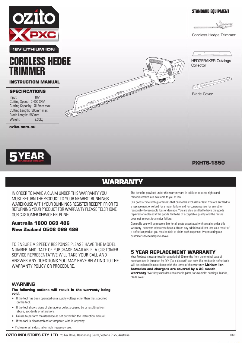 Page 1 de la notice Manuel utilisateur Ozito PXHTS-1850