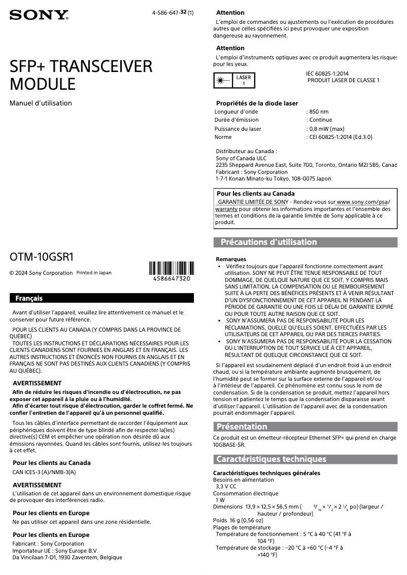 Page n°1 - Manuel utilisateur Sony OTM-10GSR1
