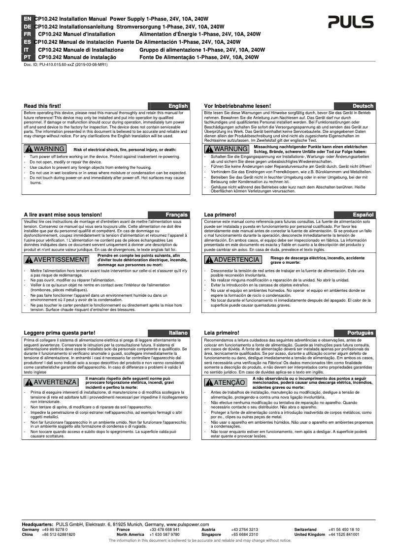 Page n°1 - Manuel utilisateur Puls Dimension CP10.242