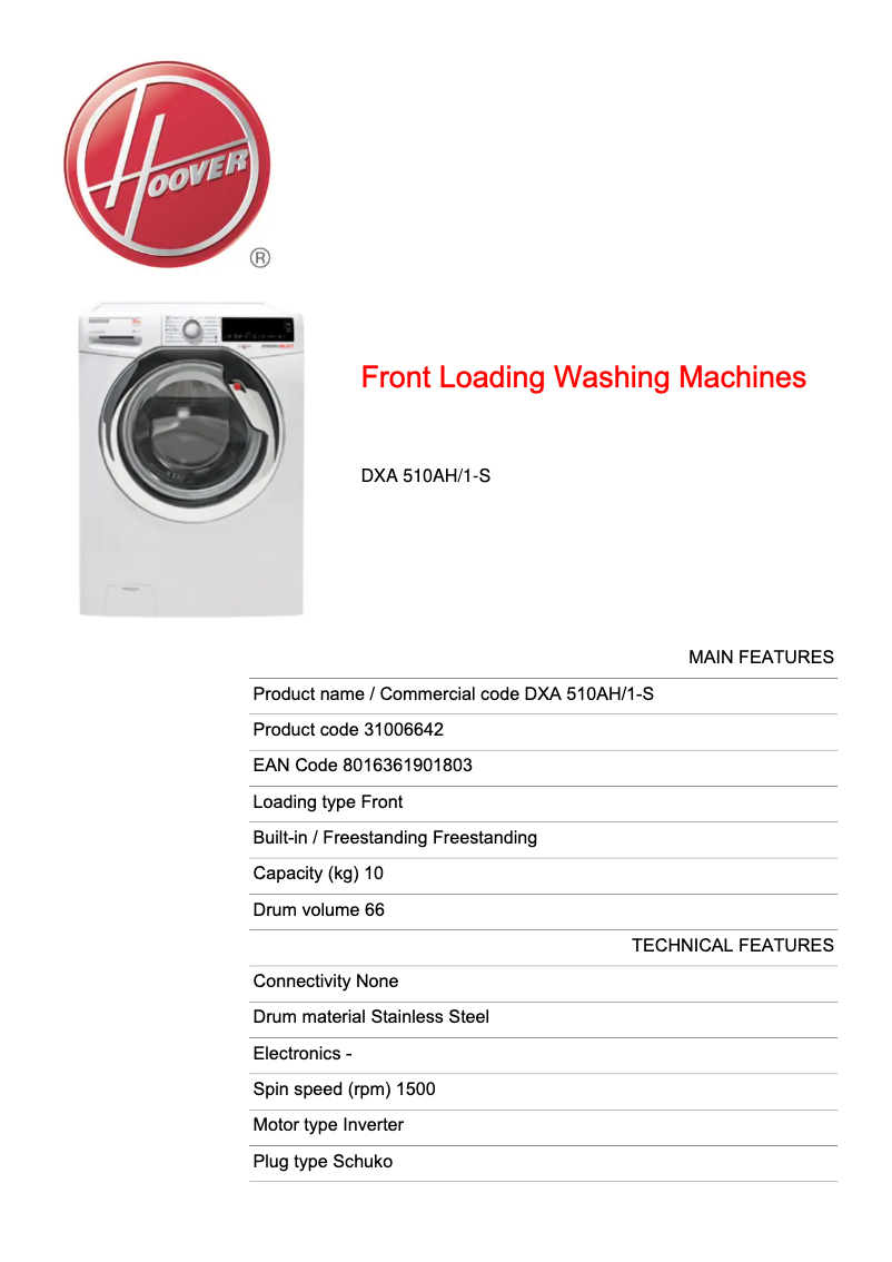 Page 1 de la notice Fiche technique Hoover DXA 510AH/1-S
