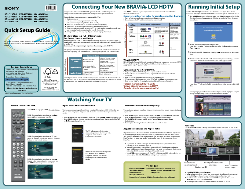 Page 1 de la notice Guide d'installation Sony Bravia KDL-40V4100
