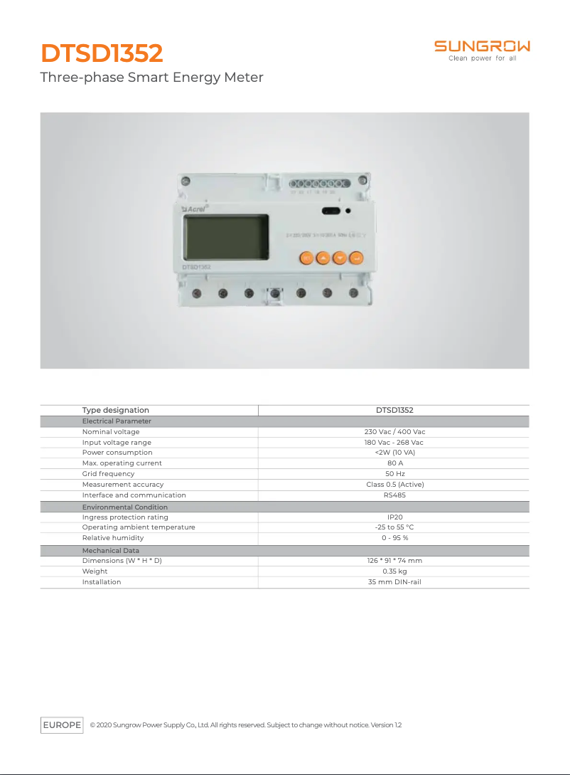 Page 1 de la notice Fiche technique Sungrow DTSD1352-C