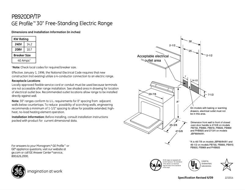 Page n°1 - Fiche technique GE Profile PB920TPWW