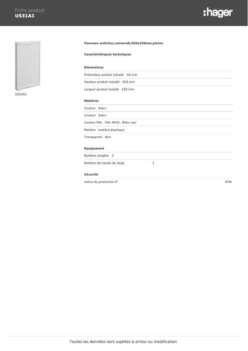 Page n°1 - Fiche technique Hager US31A1