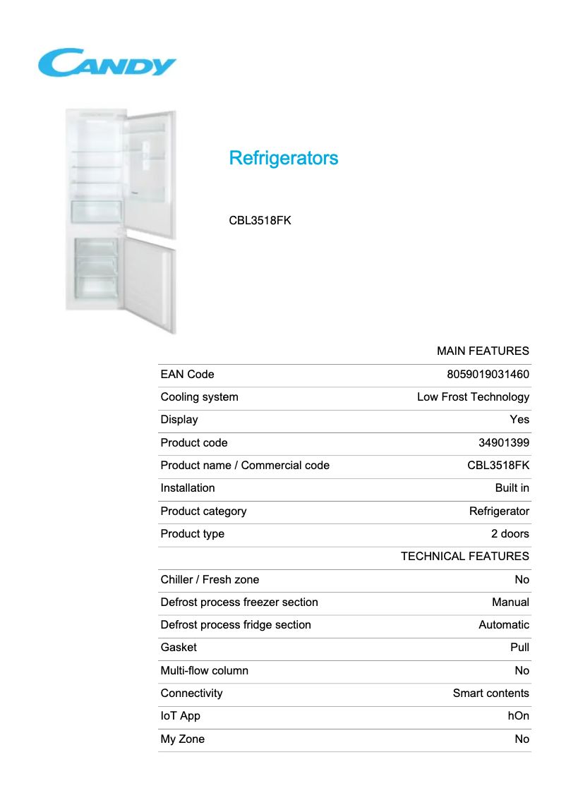 Page 1 de la notice Fiche technique Candy CBL3518FK