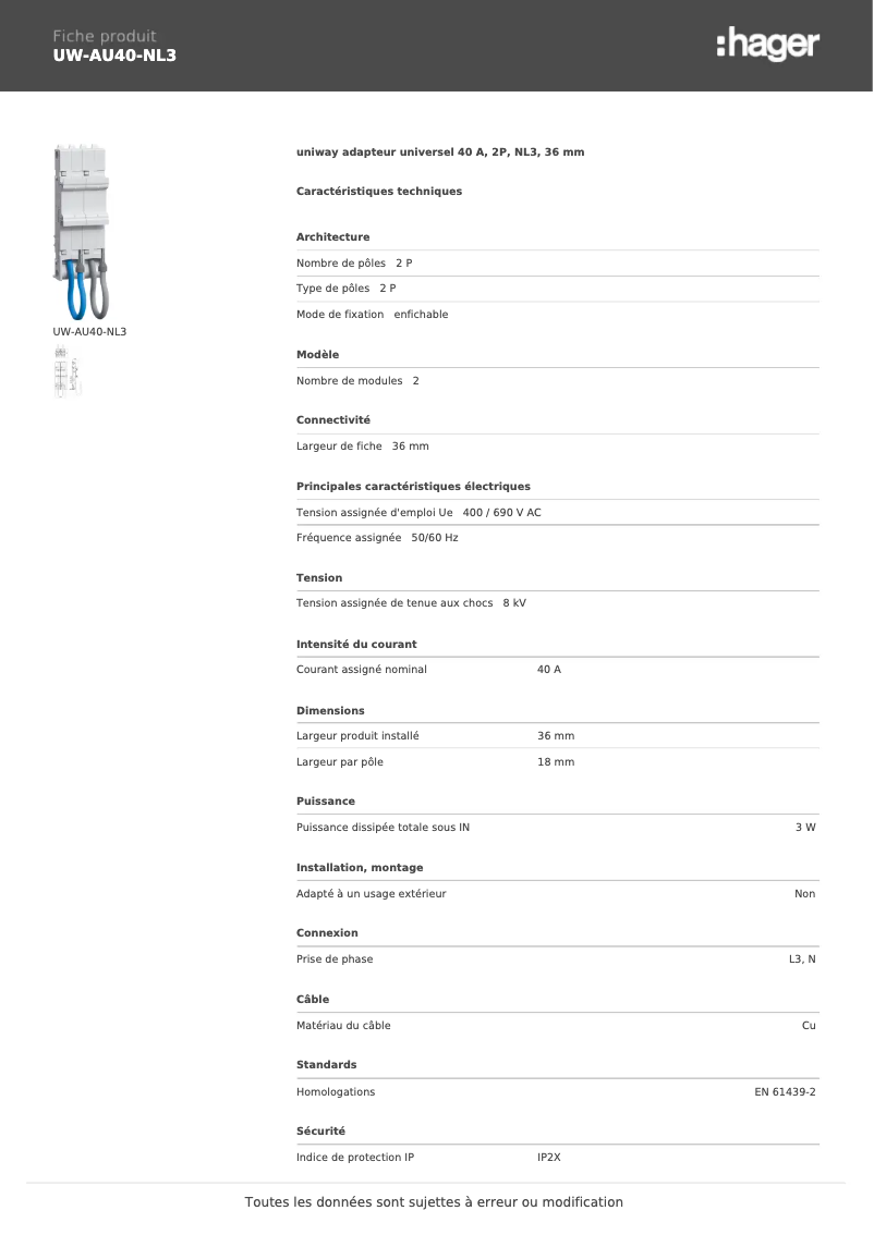 Page n°1 - Manuel utilisateur Hager UW-AU40-NL3