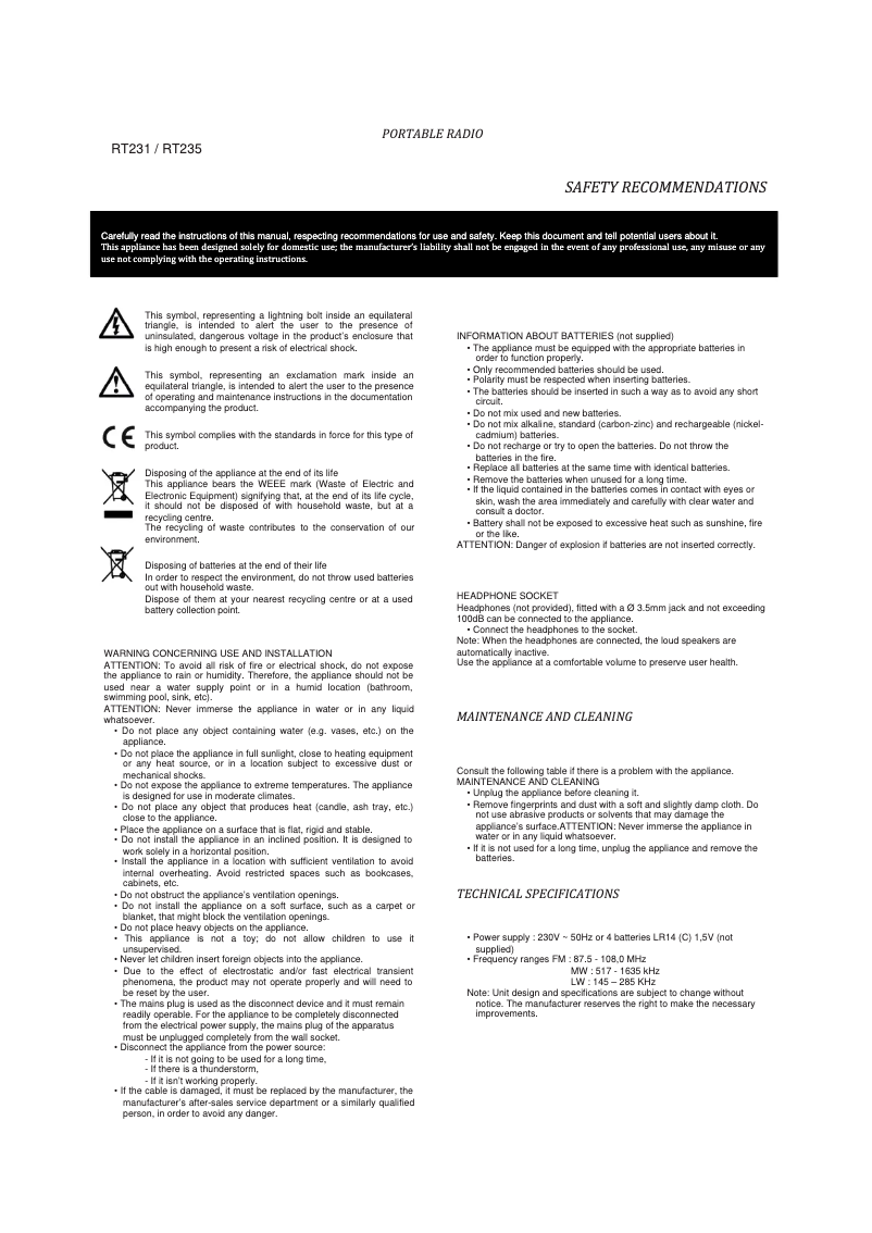 Image de la première page du manuel de l'appareil RT235