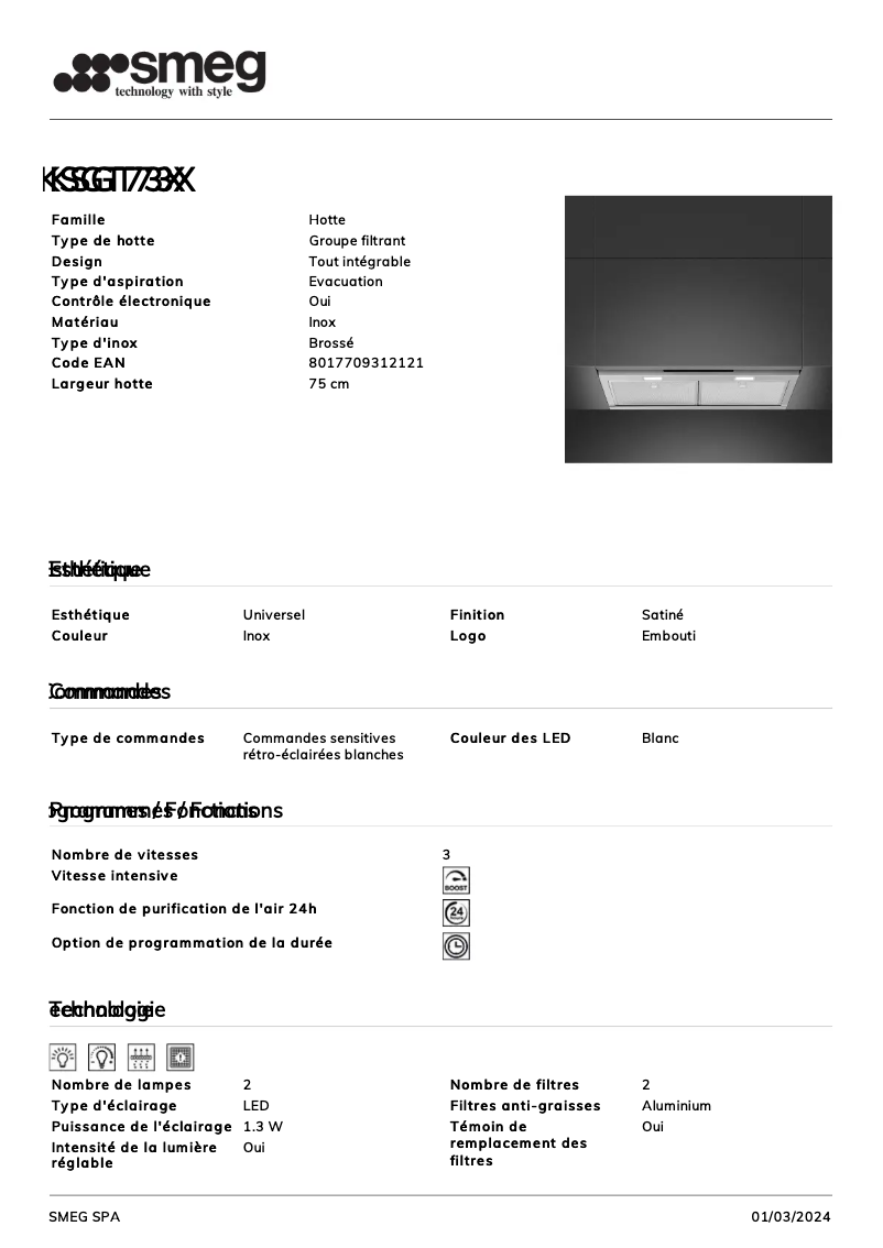 Page n°1 - Fiche technique Smeg KSGT73X