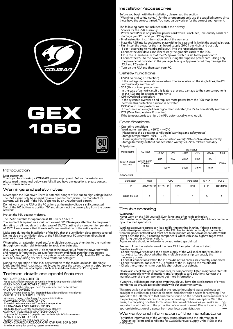 Page 1 de la notice Manuel utilisateur Cougar GEX1050