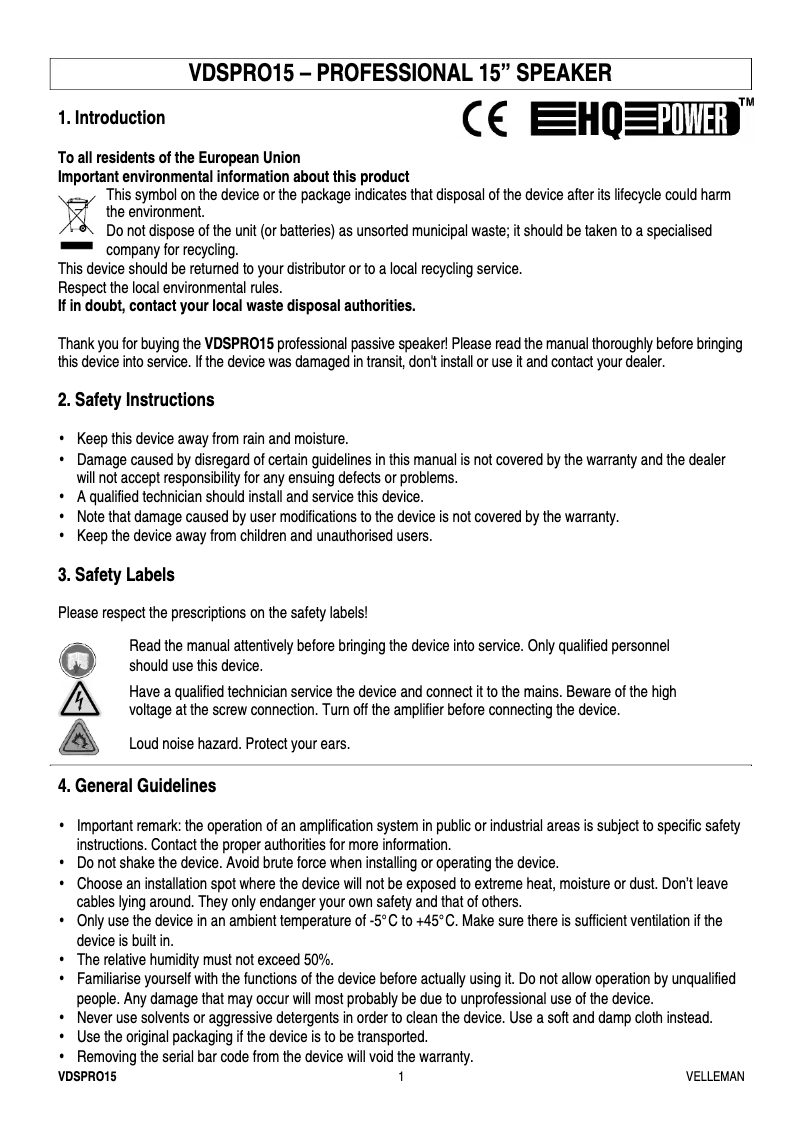 Page 1 de la notice Manuel utilisateur HQ Power VDSPRO15