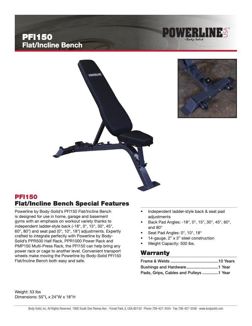 Página 1 del manual Ficha técnica Body-Solid PFI150