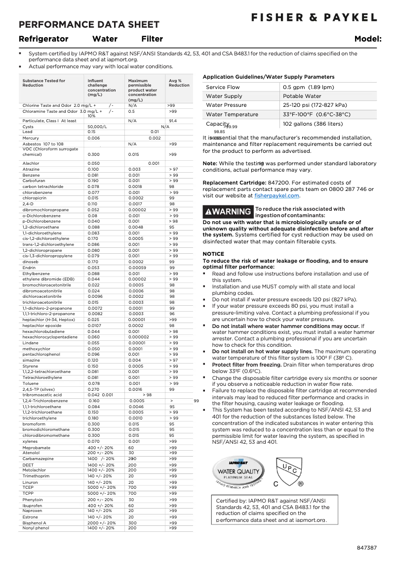 Page n°1 - Fiche technique Fisher & Paykel 847200