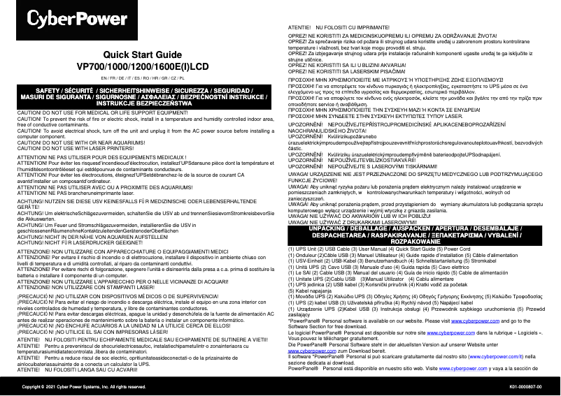 Page 1 de la notice Guide de démarrage rapide CyberPower VP1200EILCD