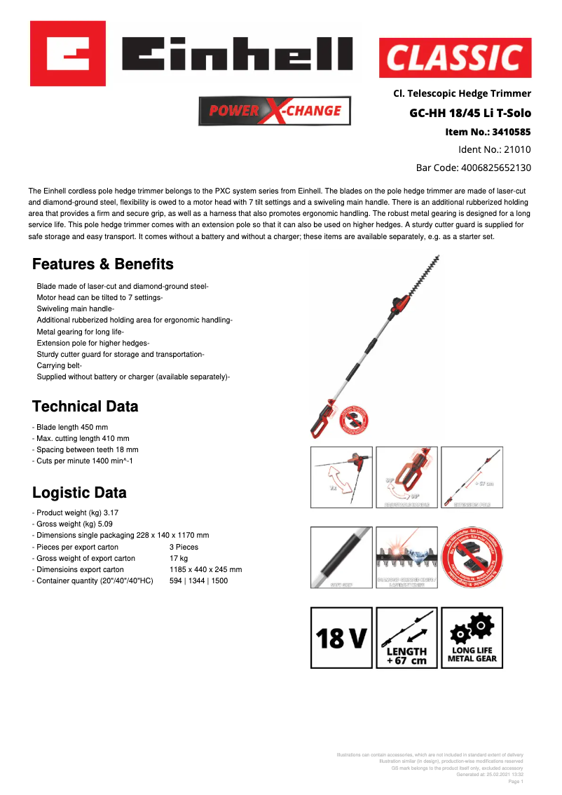 Page 1 de la notice Fiche technique Einhell GC-HH 18/45 Li T-Solo