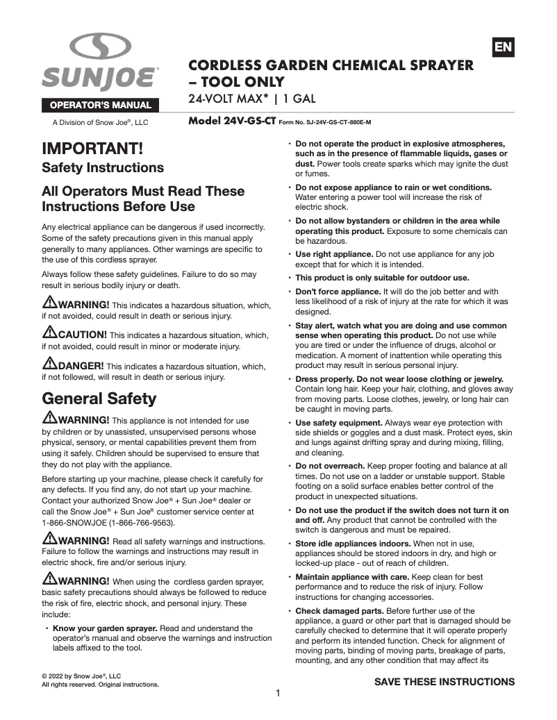 Page 1 de la notice Manuel utilisateur Sun Joe 24V-GS-CT