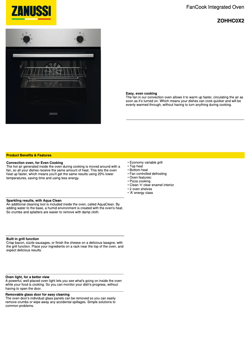 Page 1 de la notice Fiche technique Zanussi ZOHHC0X2